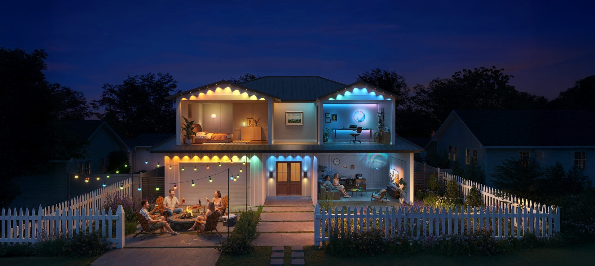 A Lebanese home lit up with Smartio smart lighting, switches and cameras at dusk