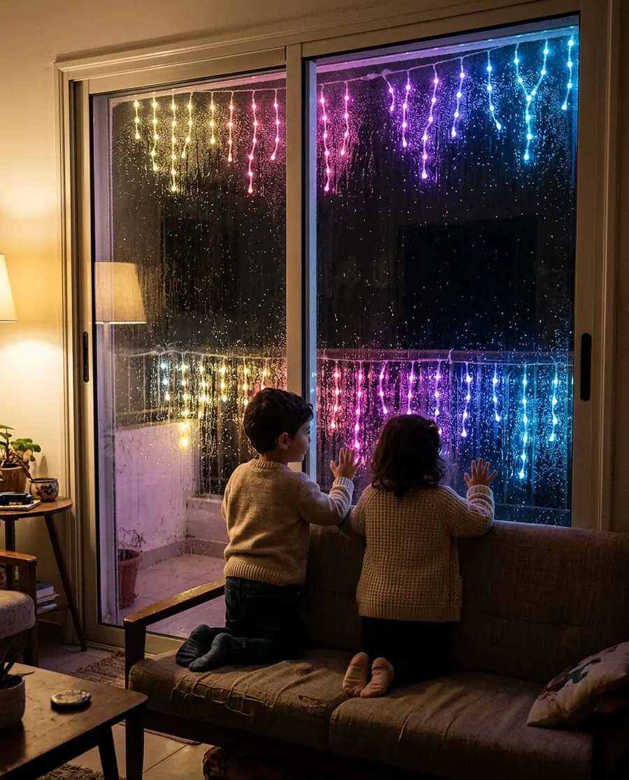 Children at a balcony door decorated with colourful Govee icicle lights