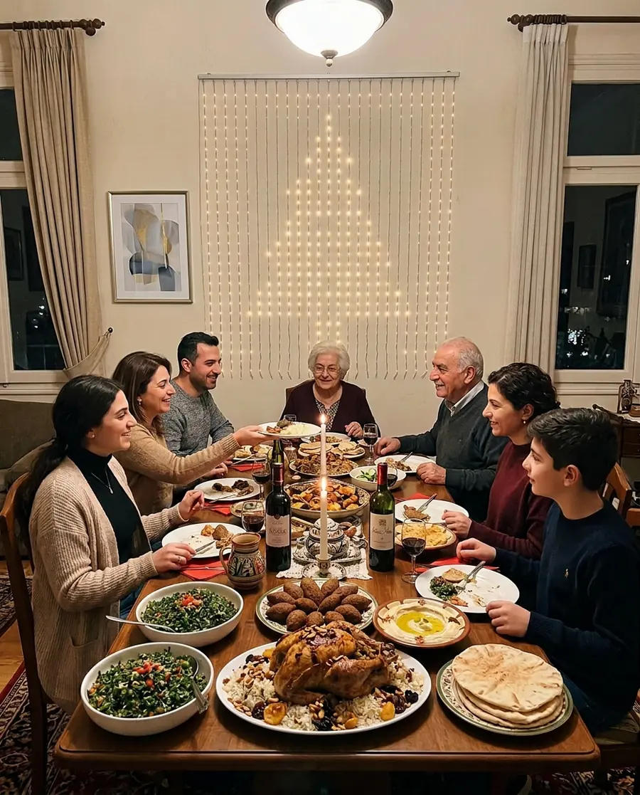 A family at Christmas Eve dinner in front of a Govee curtain light showing a tree