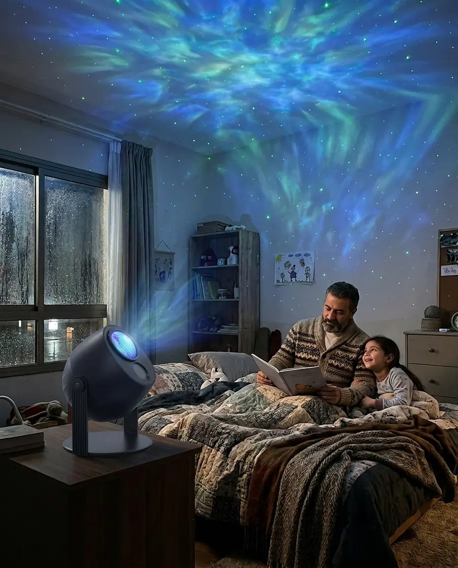 A Govee star projector filling a bedroom ceiling with stars and colour waves