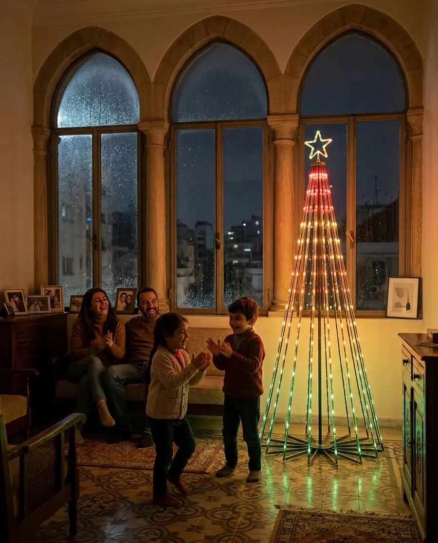 Children dancing around a Govee cone tree of light in a living room with arched windows