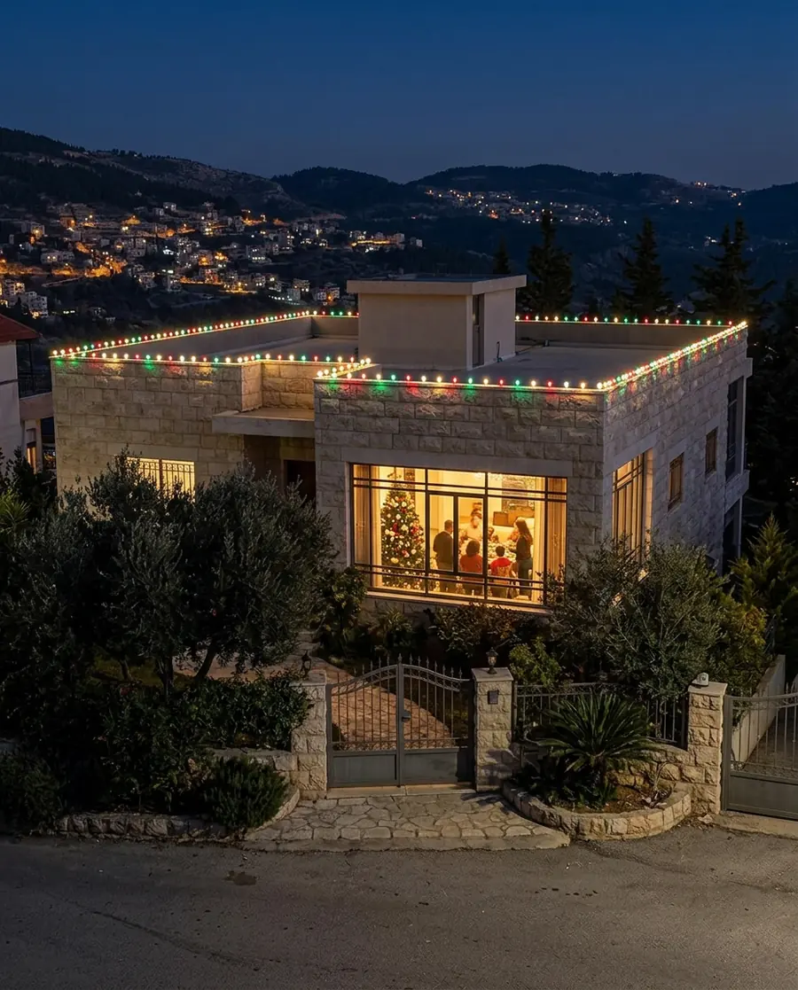 A Lebanese house at night with Govee permanent lights along the roofline