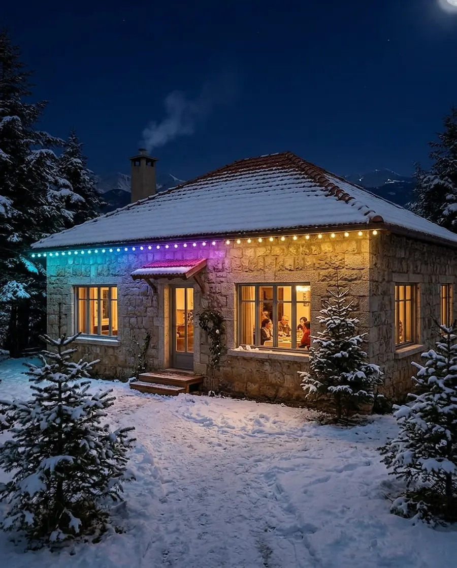 A stone mountain house in the snow with Govee permanent lights along the roof edge