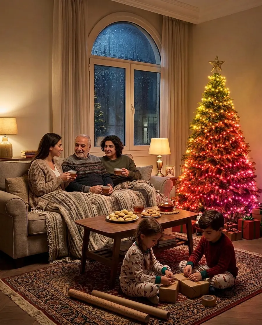 A family on the sofa on a rainy night next to a tree lit with Govee string lights