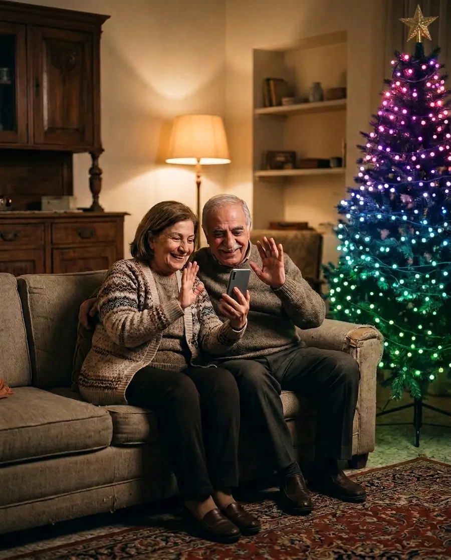 Grandparents on a video call next to a tree lit with colourful Govee string lights