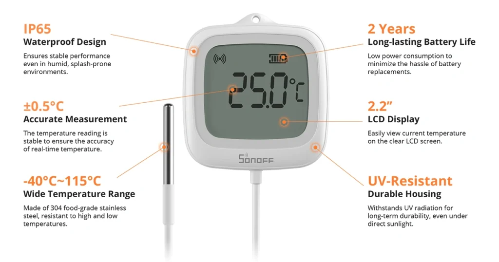 Sonoff IP65 Zigbee LCD Thermometer with Probe | SNZB-02LD